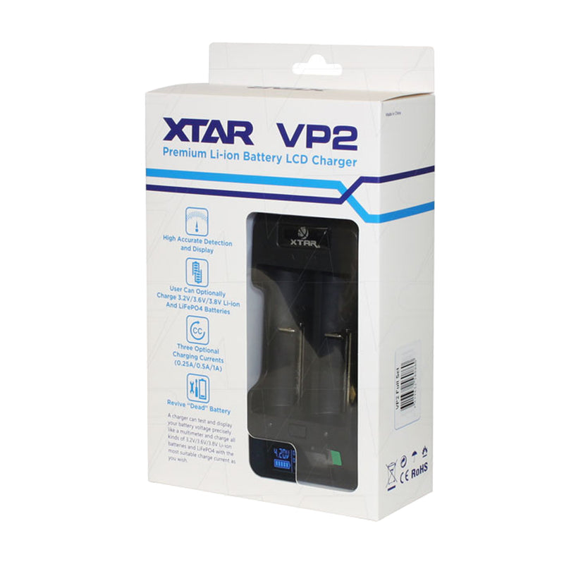 XTAR VP2 Full Set 100-240VAC-12VDC LCD-Display 1-2 cell LiIon Charger